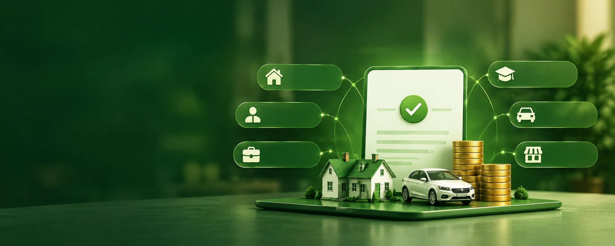 Green financial visual with loan document, house, car and gold coins